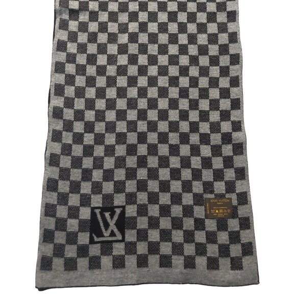 LOUIS VUITTON Black Gray Reversible Cashmere Damier Scarf Pre-Owned - Picture 7 of 13